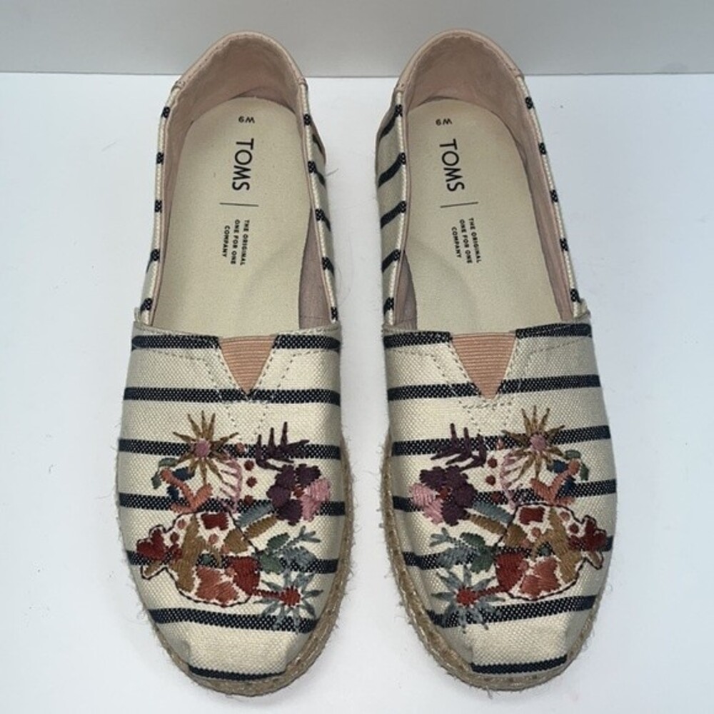 Tom's Womens Size 9 Embroidered Floral Striped Slip-On Espadrille Flats - Picture 3 of 13